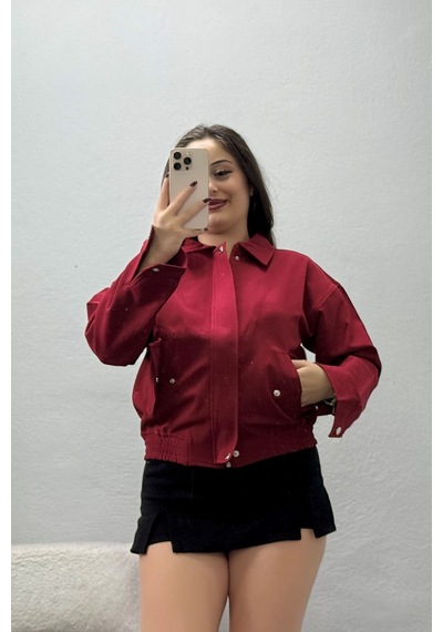 Belendir Kadın Likralı Dokuma Kumaş Bomber Ceket Bordo