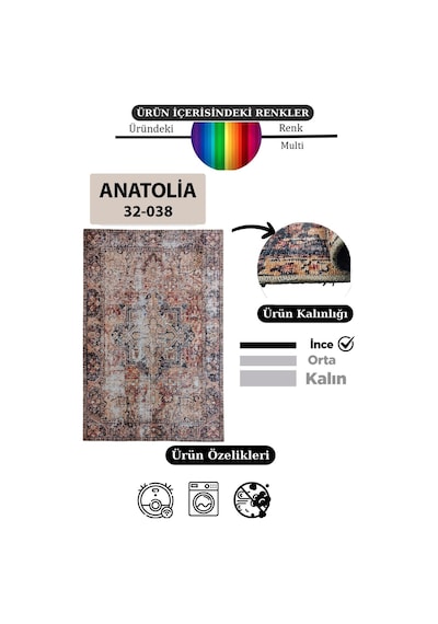 Çam Halı Anatolia 32-038 Etnik Eskitme Desenli Dokuma Tabanlı Yıkanabilir Şönil Salon Ve Oda Halısı Krem - Kiremit
