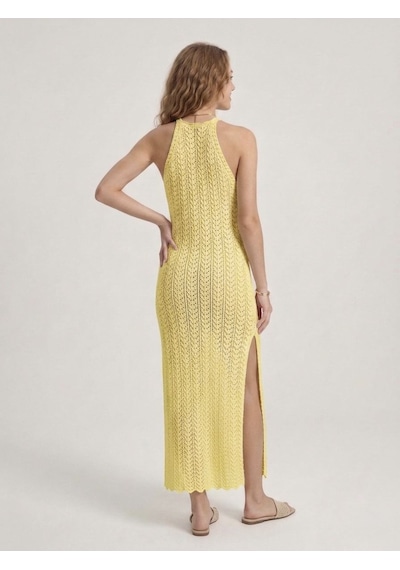 Neden Tekstil Kadın Ajurlu Halter Yaka Yırtmaçlı Uzun Beachwear Elbise - Plaj Elbisesi - Sarı