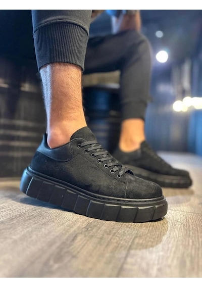 Mevese Ares Bağcıklı Süet Erkek Günlük Sneaker Yüksek Taban Ayakkabı - Siyah