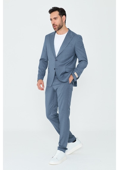 Mavi Çizgili Sivri Yaka 6 Drop Regular Fit Günlük Takım Elbise