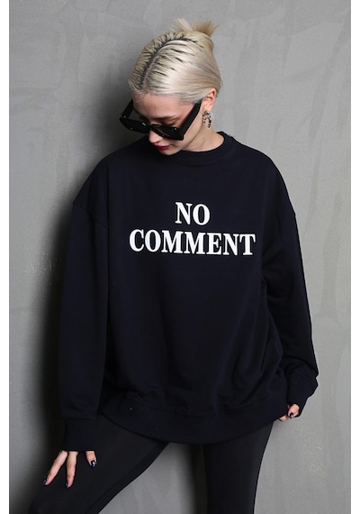 Madmext Siyah Bisiklet Yaka Baskılı Oversize Kadın Sweatshirt Mg1902 Siyah