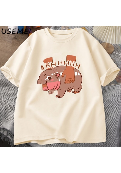 Flood Of Style Moo Deng Meme T Shirt Komik I Love Moo Deng Tee Hippo Sevgilisi T-shirt Pamuk Kısa Kol Haki