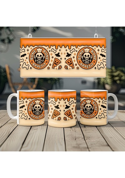Bone Appétit Halloween Kupa İskelet Ve Pizza Desenli 3d Efektli - Kabartmasız Beyaz
