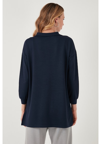Lela Regular Fit Fermuarlı Yaka Önü Kısa Arkası Uzun Bayan Sweat 5865876 Lacivert