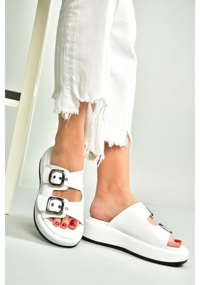 Fox Shoes U296445003 Beyaz Kadın Terlik Beyaz-hakiki Deri