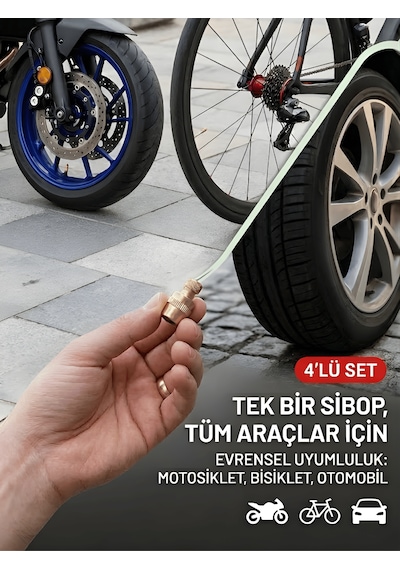 Beylini 4'lü Lastik Basınç Ölçerli Sibop Bisiklet Araba Motosiklet Tekerlek Hava Ölçer 2.4 Bar 35 Psı Set