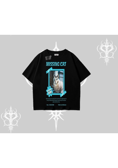 Tarzsokak Missing Cat Baskılı Oversize Tshirt Siyah
