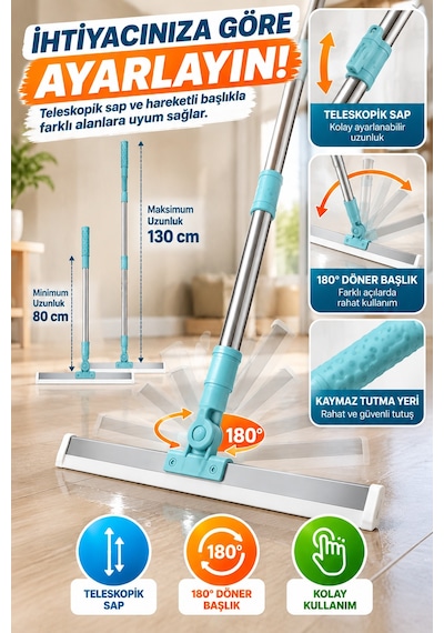 180 Döner Başlıklı Teleskopik Yer Sileceği 35 Cm Cam Banyo Mutfak Zemin Su Çekme Aparatı Pratik Mop