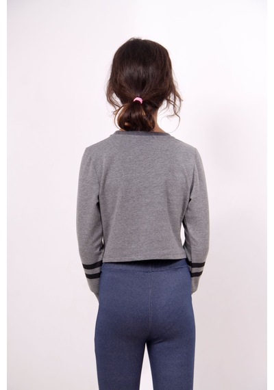 Toontoy Kız Çocuk Relax Fit Bisiklet Yaka Baskılı Crop Sweatshirt - 2 İplik Antrasit