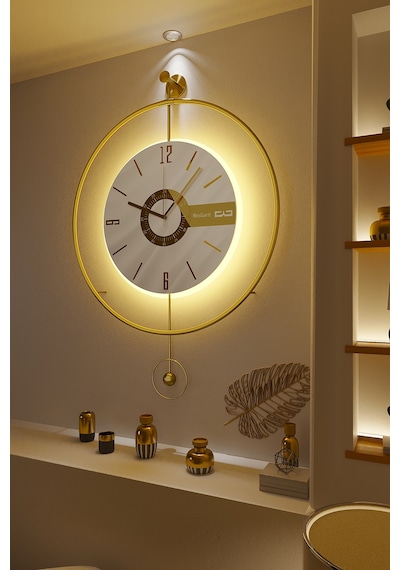 MetaQuartz Aksesuar Büyük Boy(50*75 cm)Gold Elit Three (PİLLİ LED SİSTEMİ) , Modern Dekoratif Metal Duvar Saati