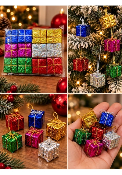24 Adet 3 Cm Yılbaşı Ağacı Süsü Mini Hediye Paketi Süsleri Renkli Noel Ağacı Dekoru