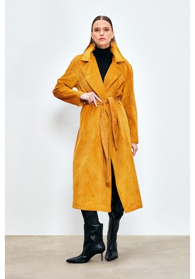 Sateen Uzun Kadife Trençkot - Camel-134017 Camel
