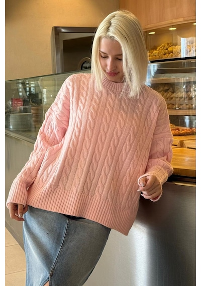 Madmext Pembe Bisiklet Yaka Örgü Desenli Kadın Triko Kazak Mg2520 Pembe
