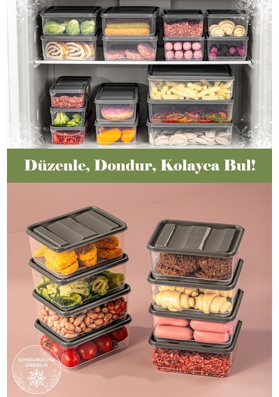 Vienev 8'li 775 Ml Buzdolabı Düzenleyici Organizer Mikrodalgaya Uygun Difriz Saklama Kabı Gri Gri