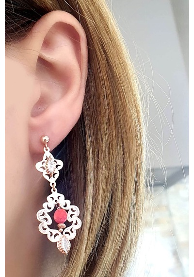Mercan Taşlı 925 Ayar Gümüş Rose Tasarım Küpe