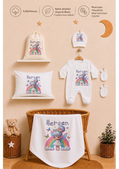 Pia Baby İsme Özel %100 Pamuk Kız Bebek Yastık Battaniyeli Tulum Set Kese Hediyeli 1084tybkyx Krem