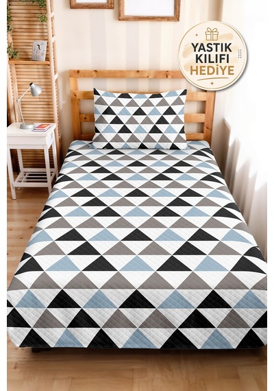 Mavi Geometrik Genç Odası Tek Kişilik Pike Takımı - Gri Modern 160x220 Cm Kapitone Yatak Örtüsü Mumlu Gölge Masalı