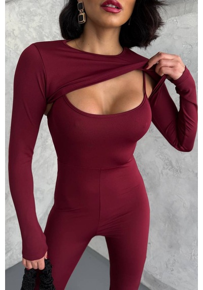 Neşeli Butik Kadın Bordo Bolero Detaylı İspanyol Tulum Nbdf120