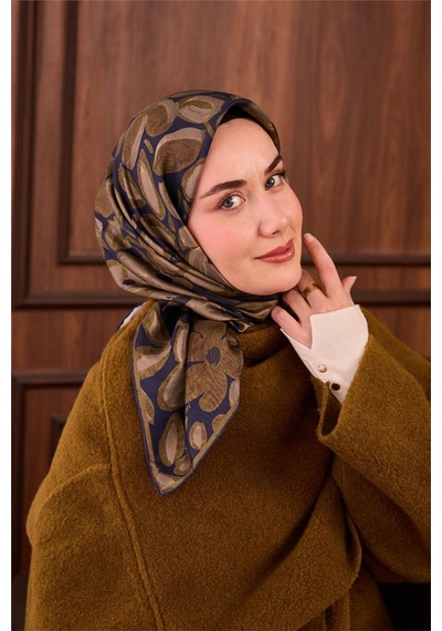 Silk Home Twill İpek Eşarp Lacivert Yeşil Vizon Papatya Desenli Tok Duruşlu 90x90 Çok Renkli