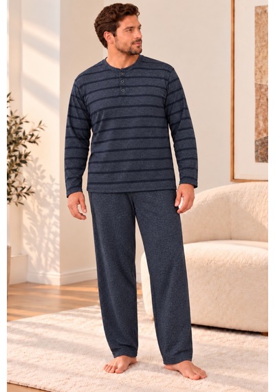Nisanca Büyük Beden Premium Soft Erkek Pijama Takımı Yumuşacık Dokulu Uzun Kollu Düğmeli Yaka Çizgili Kışlık Pijama Lacivert