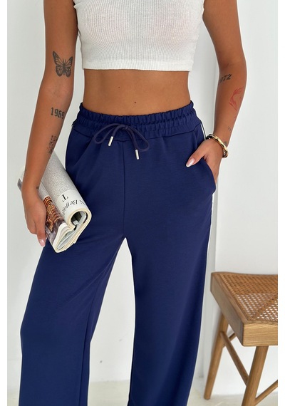 Noa & Noa Kadın Lastikli Bel Bağcıklı Bol Paça Pantolon Rahat & Minimal Stil Lacivert