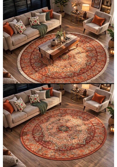 Frenda Home Vintage Desen Pamuk Taban Baskılı Yıkanabilir Yuvarlak Halı Kırmızı