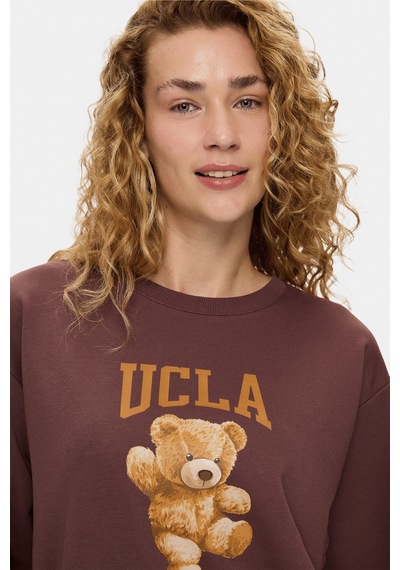 UCLA Lyra Koyu Kahve Bisiklet Yaka Baskılı Pamuklu Loose Fit Kadın Sweatshirt Koyu Kahverengi