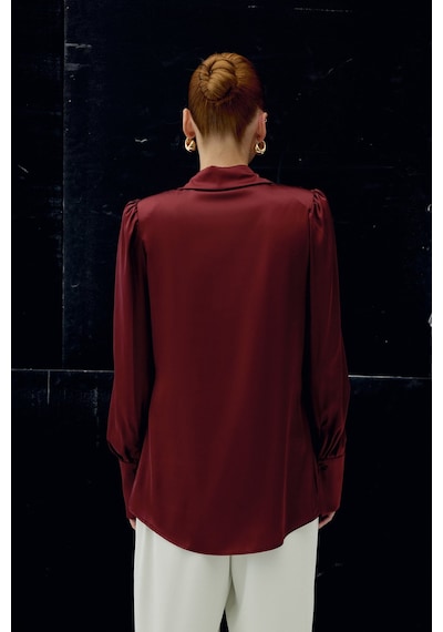 Sateen Vatkalı Saten Gömlek - Bordo-136728 Bordo