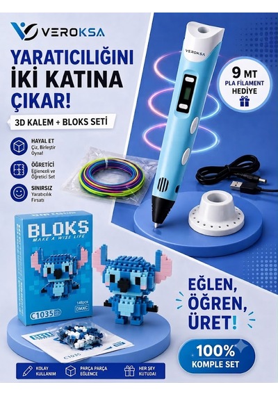 Mavi 3d Kalem + 148 Parça Bloks Seti Yaratıcılığını İki Katına Çıkar Stitch