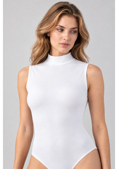 Loule Kadın %95 Pamuklu Dik Yaka Kolsuz Alttan Kancalı Body Beyaz