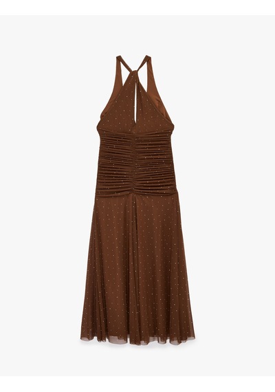 Koton Derin V Yaka Kolsuz Drapeli Bodycon Tüllü Taşlı Abiye Elbise Kahverengi 6sak80079fk Kahve