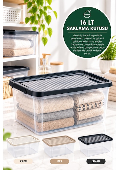 Evonıta 16 Lt Kapaklı Saklama Kutusu Clearbox Şeffaf Çok Amaçlı Organizer Kutu Siyah Kapaklı Düzenleyici