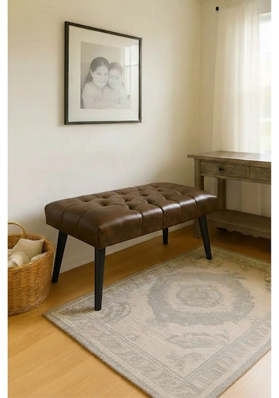 Waterybrook Bench Bank Puf - Suni Deri - Siyah Ahşap Ayaklı - Retro Modern Tasarım & Dekoratif Sehpa Kahverengi