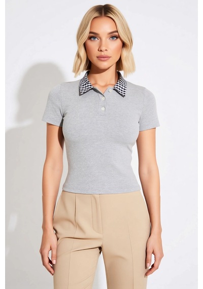 Benerly Kadın Bluz Fitted Crop Polo Yaka Kısa Kol Fitilli Örme Dokuma Det Gri Melanj