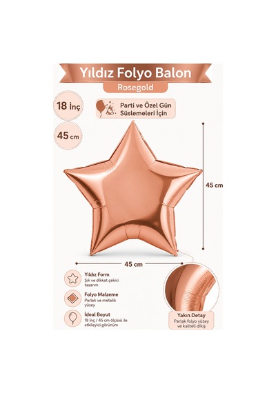 Folyo Balon Yıldız Rosegold 18 İnç 45 Cm Metalik Doğum Günü Nişan Söz Parti Süsleme Dekoru Çok Renkli