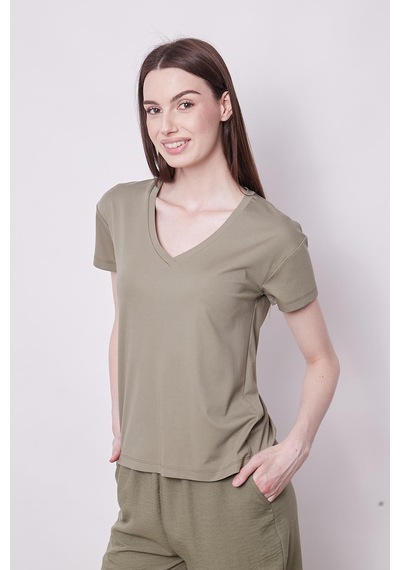 Jument Kadın V Yaka Kısa Kol Likralı Span Kumaş Şık T-shirt Bluz-haki Haki