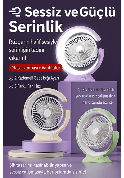Şarjlı Masa Lambalı Mini Fan 2400 Mah 3 Kademeli Hız, Gece Işığı, Sessiz Ve Taşınabilir Yeşil - 731342687