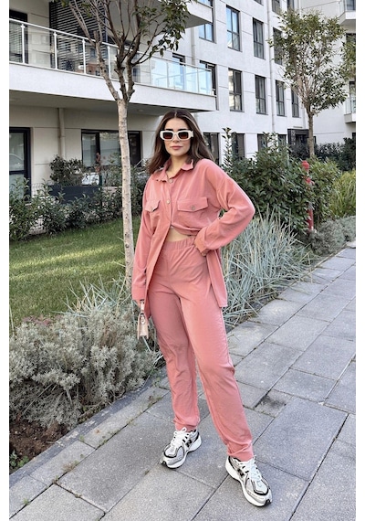 WeShaya Kadın Pembe Çift Cepli Uzun Gömlek & Beli Lastikli Pantolon - Rahat Alt & Üst Takım Pembe WeShaya Kadın Pembe Çift Cepli Uzun Gömlek & Beli Lastikli Pantolon - Rahat Alt & Üst Takım Pembe