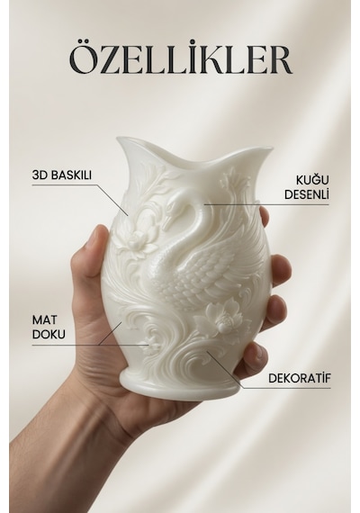Kuğu Desenli Dekoratif Vazo 15 Cm 3d Baskılı Mat Dokulu Şık Masa Ve Raf Dekoru Beyaz