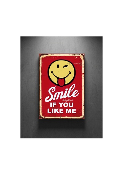 Smile If You Like Me Retro Tablo Emoji Temalı Eğlenceli Dekoratif Duvar Tablosu Ahşap & Metal Baskı