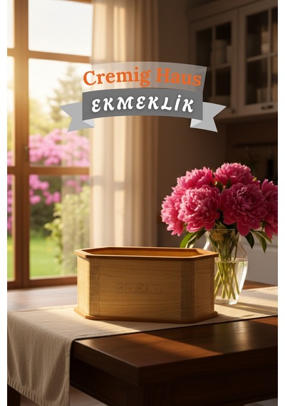 Geleneksel Tasarım Kapaklı Büyük Ekmeklik Altıgen Ahşap Ekmek Sepeti Akça Desenli Çok Renkli