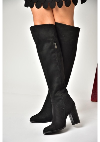 Fox Shoes A654018002 Siyah Lüx Süet Kalın Topuklu Kadın Çizme Siyah