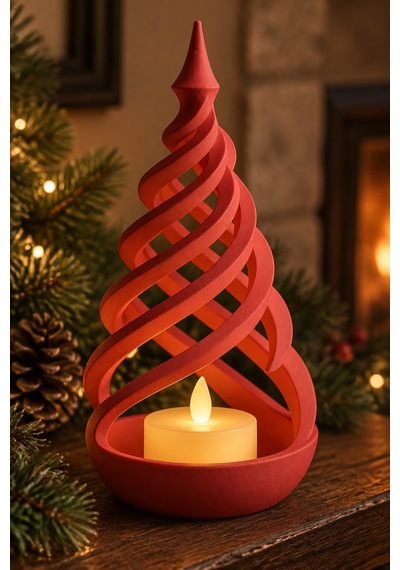 Minimalist Spiral Noel Ağacı Şeklinde Led Mum Tutucu Kırmızı