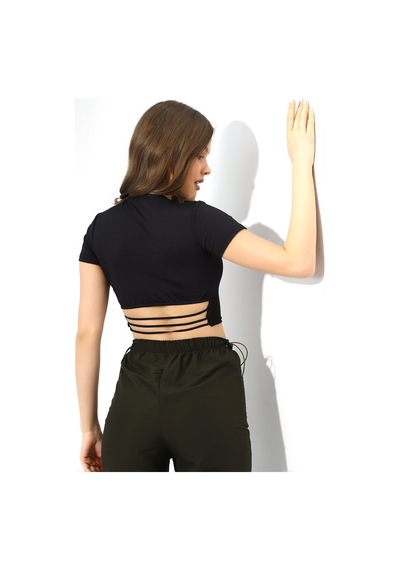 Winmoda34 Kadın Siyah Sırt Dekolteli Crop/krop Beli Lastik Dertaylı Bluz Siyah