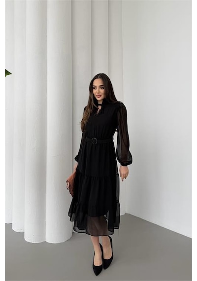 Neşeli Butik Kadın Siyah Beli Kemerli Midi Boy Şifon Elbise Nbelb02 Siyah
