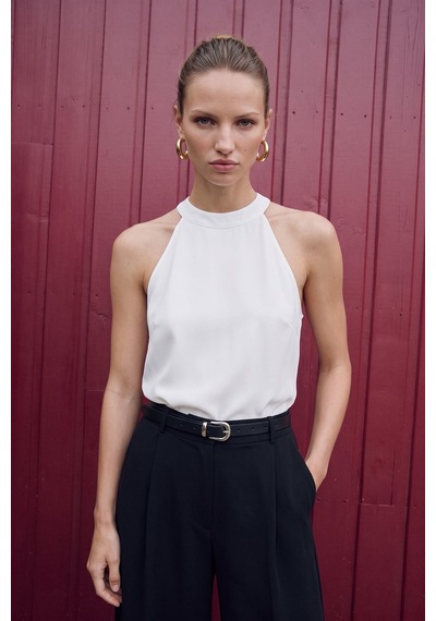 Sateen Halter Yaka Bluz - Ekru-137735