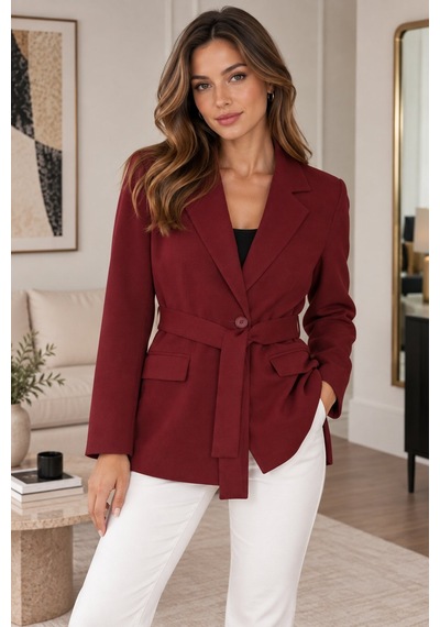 Lima Bordo Kadın Kuşaklı Blazer Ceket Klasik Yaka Tek Düğmeli Cepli Şık Ceket