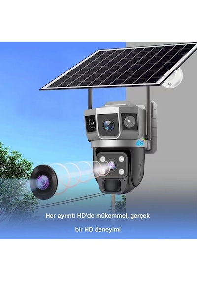 4g Sım Solar Panelli Güneş Enerjili Su Geçirmez 6mp 3 Kameralı Güvenlik Kamerası V380 Pro