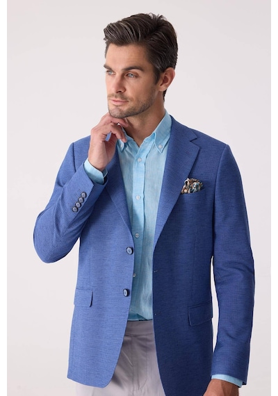 Erkek Mavi Regular Fit Keten Karışımlı Mono Yaka Ceket